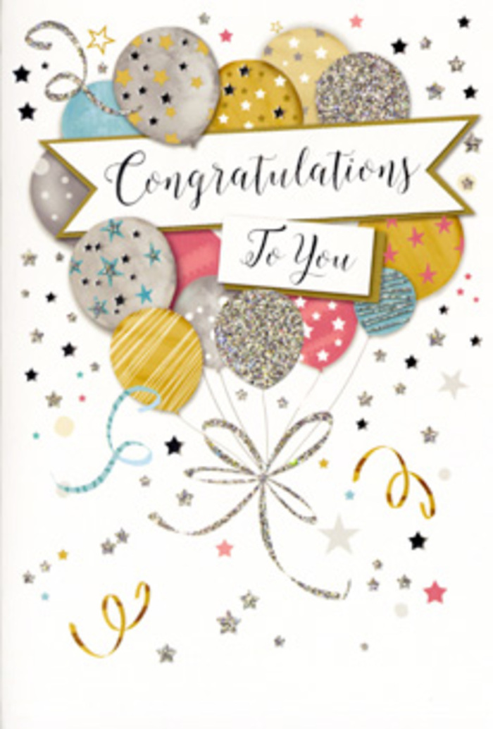 The card in this image feels like a finely arranged celebration, much like a thoughtfully designed bouquet on the counter of an Addington florist. Dominating the scene is a cluster of illustrated balloons, layered to create a soft three-dimensional effect. Their colours blend gracefully-antique gold, brushed silver, champagne beige, powder blue, rose pink, and pale grey-each balloon individually patterned with dainty stars, glimmering glitter, or delicately drawn stripes. The metallic accents catch the imaginary light so convincingly that you can almost imagine the subtle texture of embossed foil beneath your fingertips. From the base of this balloon bouquet, elegant gold and silver ribbons sweep downwards, looping and twisting as though caught by a gentle indoor breeze, their curves echoing the natural movement of curling florist ribbon we use when dressing arrangements for celebrations around Addington. Surrounding the central cluster, tiny stars, dots, and swirling streamers are scattered over a soft, off-white background, evoking the scatter of confetti across a party table after toasts have been made. Across the middle of the design, a graceful banner gently arcs, carrying a refined Congratulations message in ornate script, the lettering reminiscent of carefully handwritten notes tucked into flower deliveries. The atmosphere is one of poised festivity: joyful yet composed, suitable for recognising big achievements-a promotion, graduation, or new business opening-in homes and offices around Addington. The entire composition is airy and luminous, giving the sense that the balloons might drift higher at any moment, carrying with them all the pride and happiness of the sender.