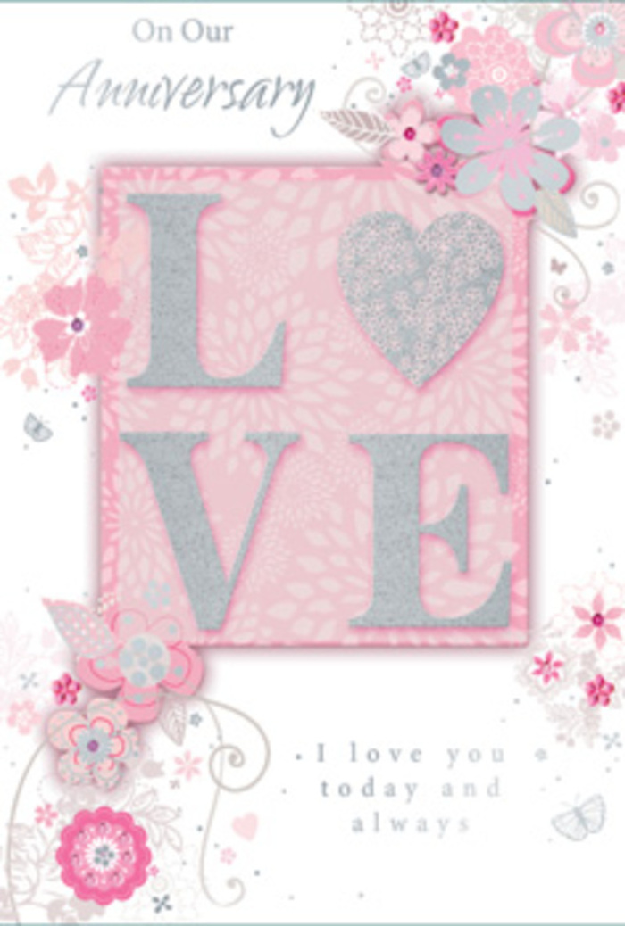 The anniversary card in this image unfolds like a gentle story of everyday love, the kind that fills homes across Addington with warmth. Dominating the centre is the word LOVE, printed in a refined typeface and coated with a frosted, glittered finish that catches and softens the light, much like sunlight glancing off pale petals in a vase. Each letter is slightly raised, giving a tactile quality that invites a fingertip to trace the word with quiet affection. Around this central motif, wispy, hand-drawn blooms and airy botanical sprays stretch along the borders and corners of the card. Their colours drift through a harmonious palette of pink, lilac, and ivory, enriched with cool hints of silver and dove grey, echoing the pastel arrangements often chosen from local Addington florists for romantic occasions. Fine filigree lines and dainty leaves weave between the blossoms, and, on closer inspection, almost-hidden butterflies seem to hover among the petals, evoking the flutter of hearts on an anniversary morning. The background is a soft wash of blush and creamy white, giving the impression of calm space and soft light streaming through a window. Nestled within this design, the message I love you today and always appears in understated, elegant type, neither too bold nor too faint, as if whispered rather than announced. The whole composition feels like a bouquet translated into paper-a hand-tied posy of sentiment and artistry, as carefully balanced as a fresh arrangement prepared near Addington Village. It suggests gratitude, hope, and the gentle promise of many more days shared together.