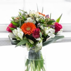 This exquisite floral arrangement, masterfully designed with an Addington touch, balances joy and sophistication in every stem. Creamy peach gerberas create an embrace around their bolder orange companions, the arrangement echoing the sunrise hues that wash over Addington's leafy avenues. The magenta roses introduce a romantic richness, accentuating the softer tones and drawing the eye inward. Scattered among the focal flowers, clusters of ivory alstroemeria and fine white sprays introduce a bright, airy lift, reminiscent of the crisp air found on a morning walk through nearby parks. Hints of gentle pink unfurl amid the blooms, softening the palette and adding depth. A sculpted nest of broad, glossy green leaves curving around the bouquet's base is both grounding and elegant, while smaller pointed leaves and sprigs fill the spaces with natural vitality. The clean lines of a tall, clear glass vase showcase each stem, embodying the freshness and professionalism that define floral craftsmanship in Addington. Subtle, filtered daylight highlights every detail, inviting a quiet sense of celebration-whether for a housewarming, festive gathering, or a heartfelt message shared among Addington's tight-knit neighbours. Each nuance in texture and colour feels thoughtfully chosen, reflecting the warmth and artistry found at Florist Addington.