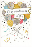 In this detailed image of a congratulations card, the artwork feels like a small sky of party balloons floating above the familiar rooftops of Addington. At the heart of the design is a generous cluster of balloons, each one slightly overlapping the next to create a gentle sense of depth, as if they're gently jostling in mid-air. The colours are soft and celebratory: brushed gold, cool silver, champagne cream, pale blue, dusty pink, and misty grey. Some balloons shimmer with tiny metallic stars, others with subtle glitter textures or slim, elegant stripes, suggesting they might glint when tilted towards the light. From the cluster hangs a cascade of fine gold and silver ribbons, drawn with sweeping, calligraphic lines that curl and twist like the decorative cords we tie around gift bouquets for celebrations in Addington. Around the balloon bouquet, small stars, dots, and festive swirls drift across a pale, almost pearl-toned background, echoing the mood of confetti drifting through the air after someone's name is called at an awards ceremony. Across the centre, a softly shaped banner floats, carrying a beautifully written Congratulations message in flowing script, poised and graceful without feeling stiff. The overall mood is light, radiant, and genuinely happy, the visual equivalent of opening your front door in Addington to find a thoughtful card tucked beside a fresh arrangement of flowers. It's designed for life's proudest moments-exam triumphs, work milestones, or personal victories-when simple words need the added warmth of a truly celebratory design.